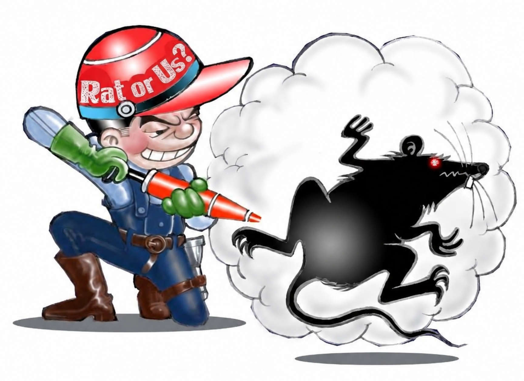Original Rat or Us artwork featuring a cartoon pest-control professional and a rat